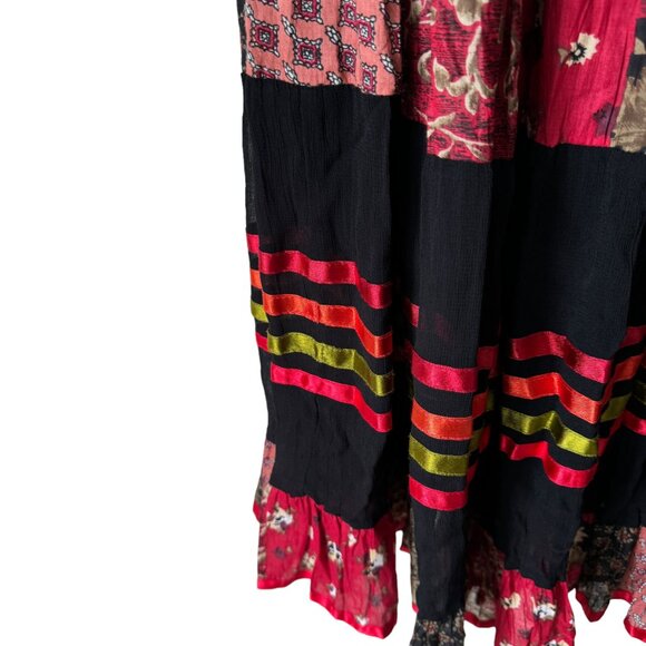 Sacred Threads Patchwork Ribbon Maxi Skirt One Size Elastic Waist Tie Lined Boho - Picture 8 of 16